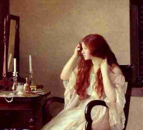 William Paxton - Girl combing her hair or Young girl with a mirror