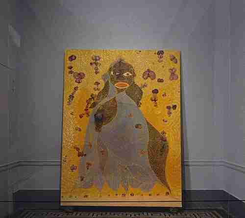Chris Ofili, The Holy Virgin Mary, installation view in Sensation: Young British Artists from the Saatchi Collection, Brooklyn Museum, New York, 1999. Photo: Brooklyn Museum