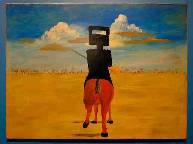 Sidney Nolan — Ned Kelly series: armored figure against ochre landscape
